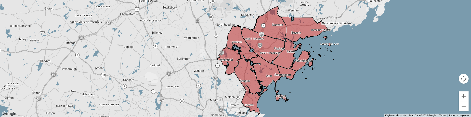 Aspen HVAC service area map — North Shore MA